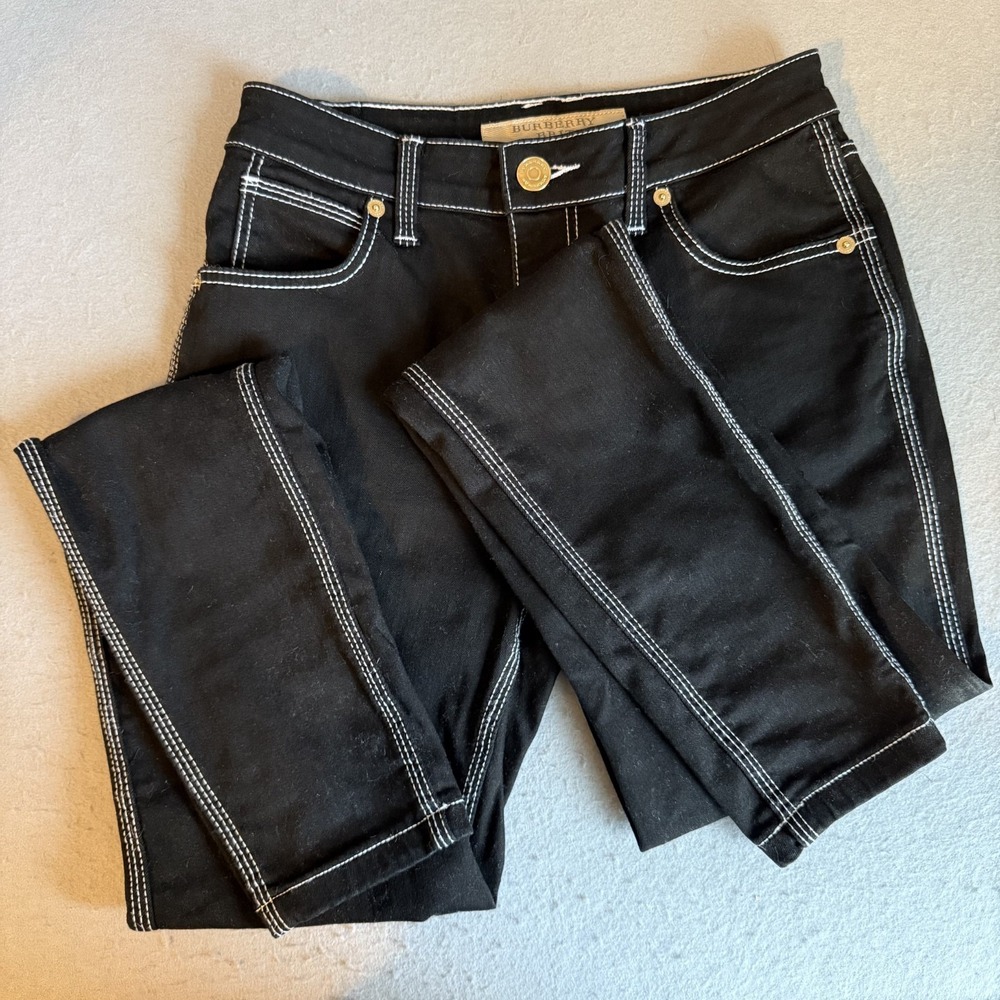 Burberry Brit Skinny High Rise Jeans Black‎ White Contrast Stitch Stretch Denim
